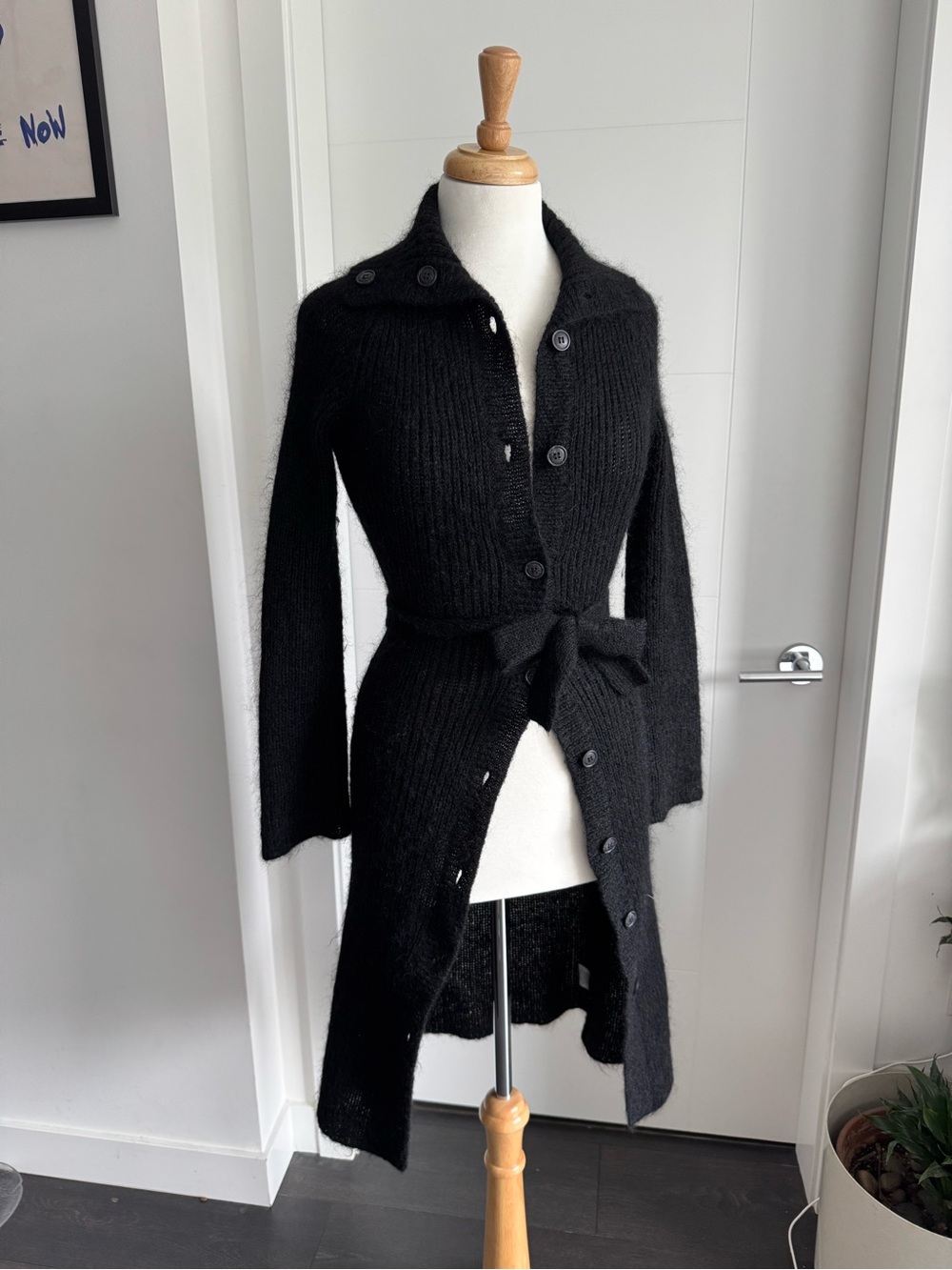 Vintage Talula Babaton Mohair Blend Belted Black Longline Knit Cardigan Size XS